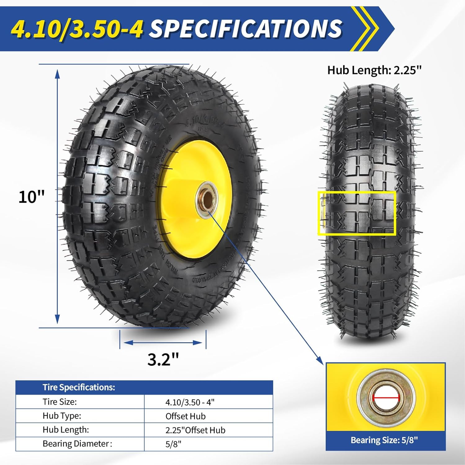 Upgrade 4.10/3.50-4 Rubber Tire and Wheel, with 2.25″ Offset Hub, 5/8″ Sealed Be