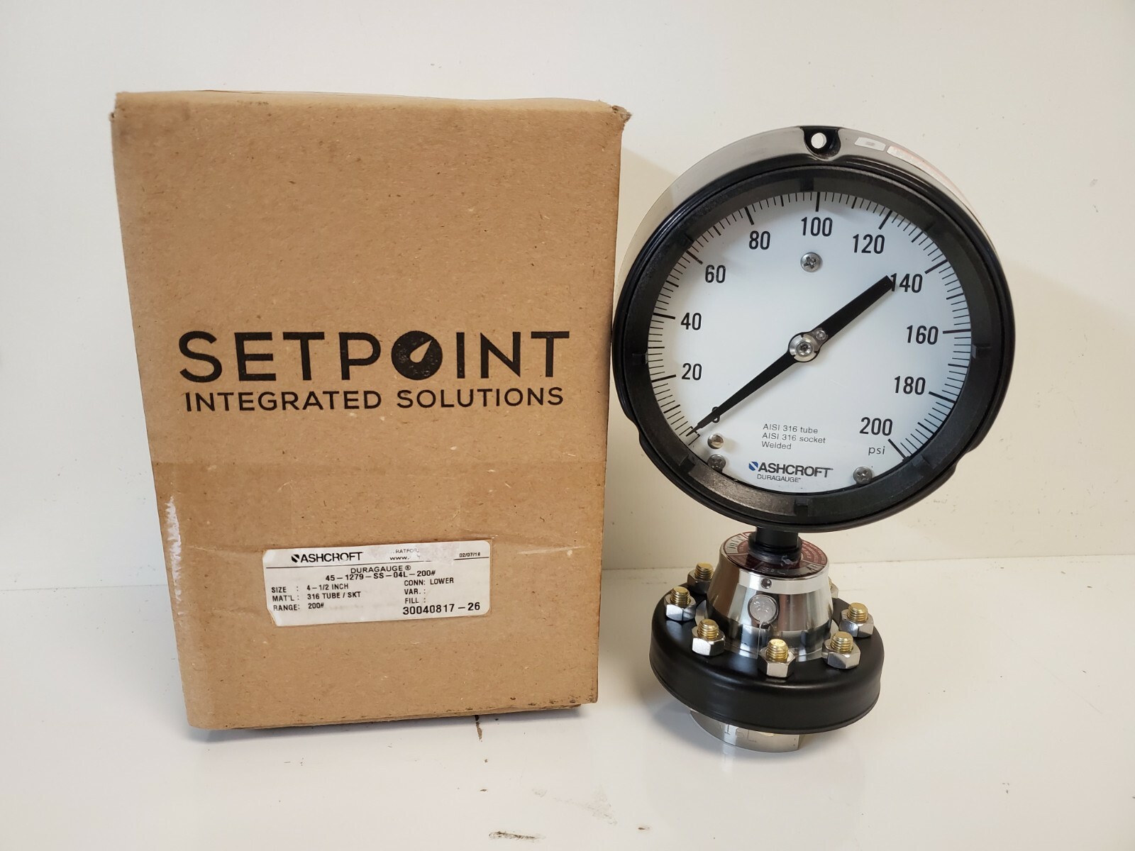 NEW OLD STOCK! ASHCROFT 4-1/2″ PRESSURE GAUGE 45-1279-SS-04L-200# W/ BASE C1018