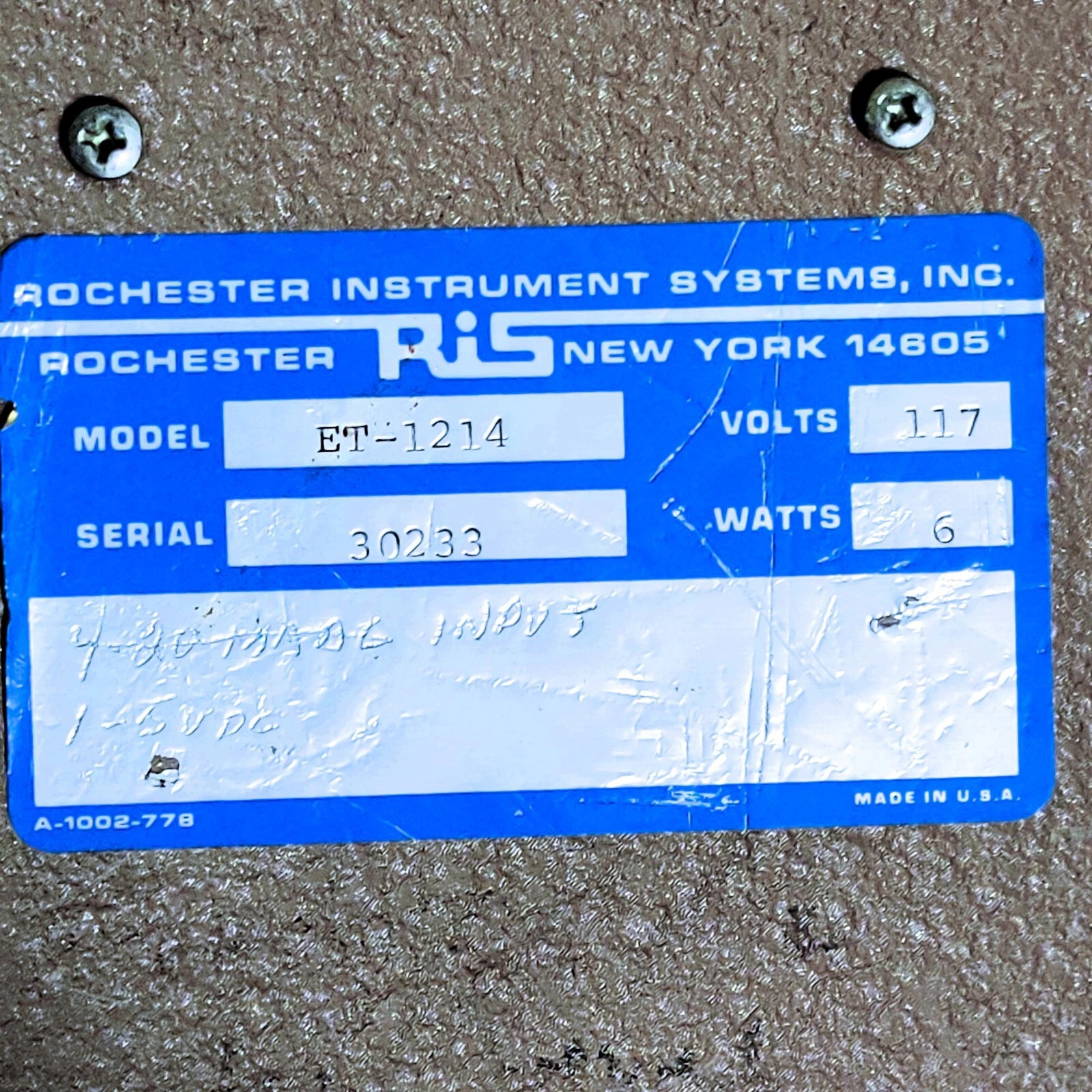 ROCHESTER INSTRUMENT SYSTEMS ET1214 CURRENT ALARM