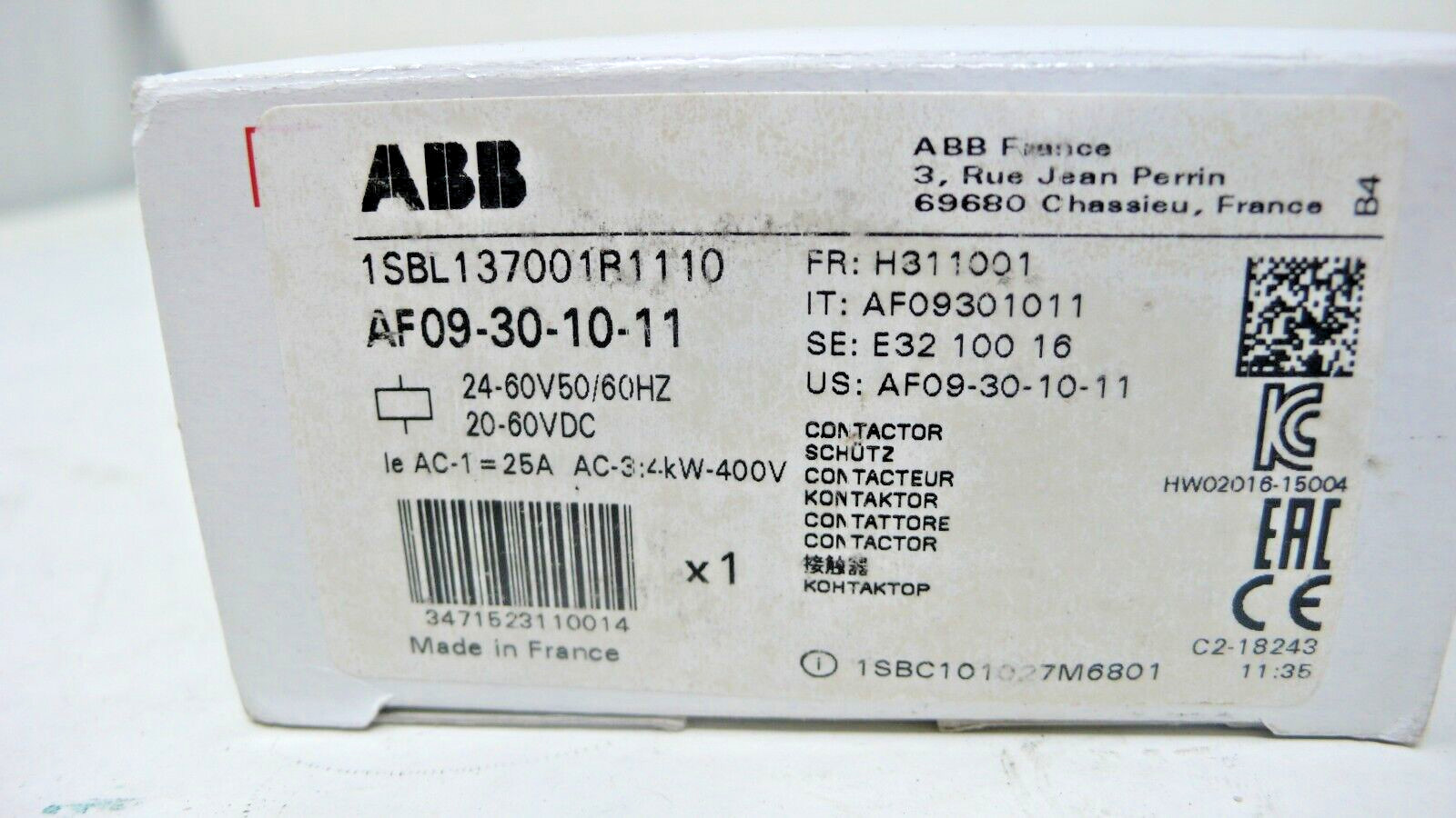 ABB AF09-30-10-11 24-60V50/60HZ 20-60VDC Contactor 1SBL137001R1110