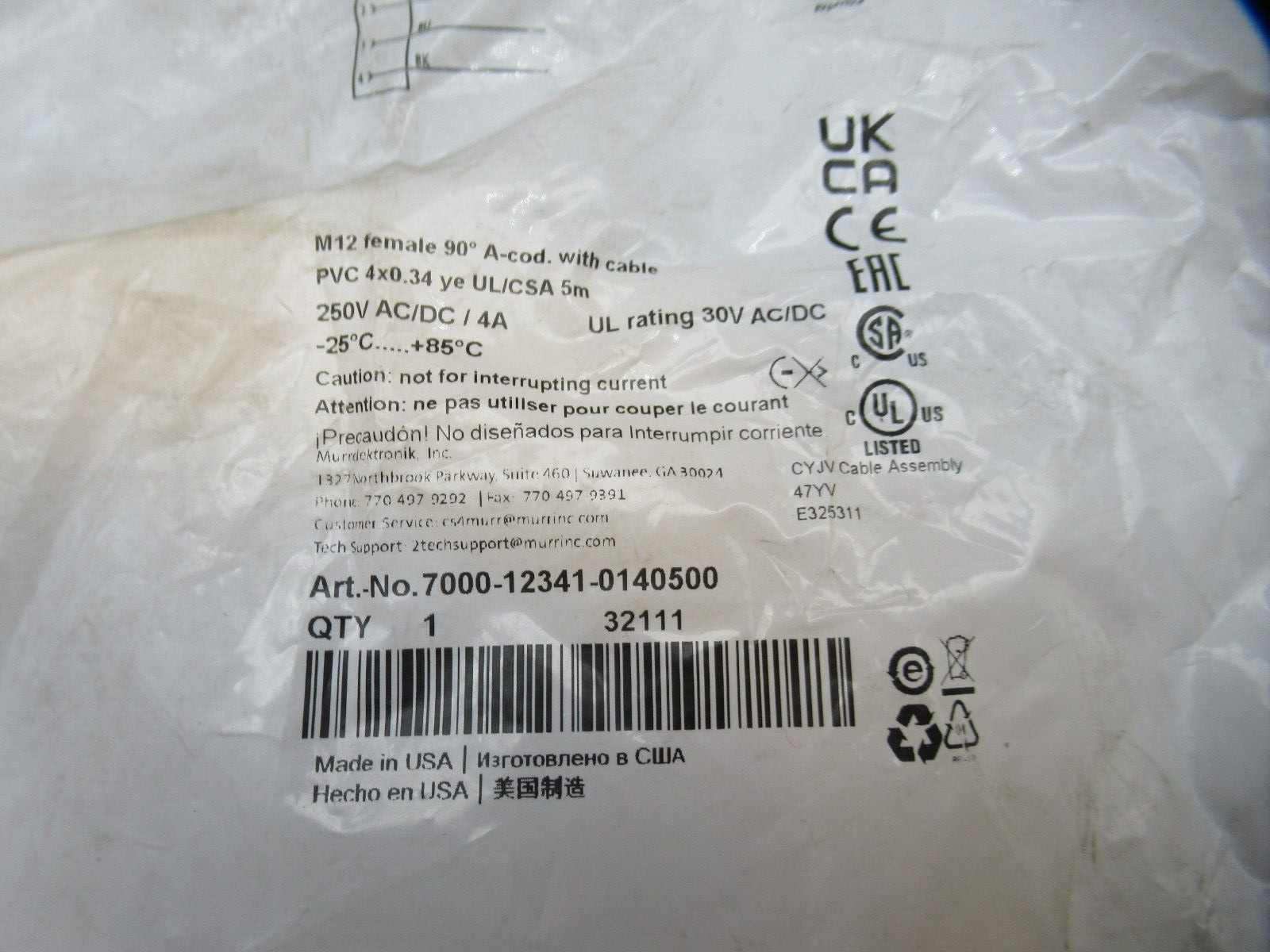 Lot of 2- Murr Elektronik 7000-12341-0140500 Round Plug Connector Cables *NEW*