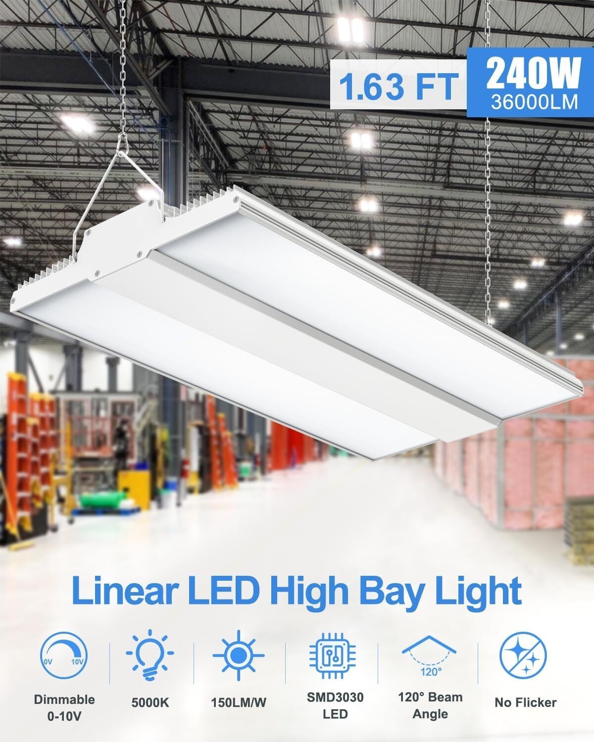 LED Linear High Bay 240W 5000K 100-277 VAC White 0-10V Dimmable 36000LM UL DLC