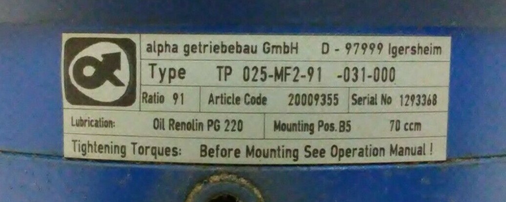 GUARANTEED! ALPHA GETRIEBEBAU PLANETARY GEAR REDUCER TP-025-MF2-91-031-000