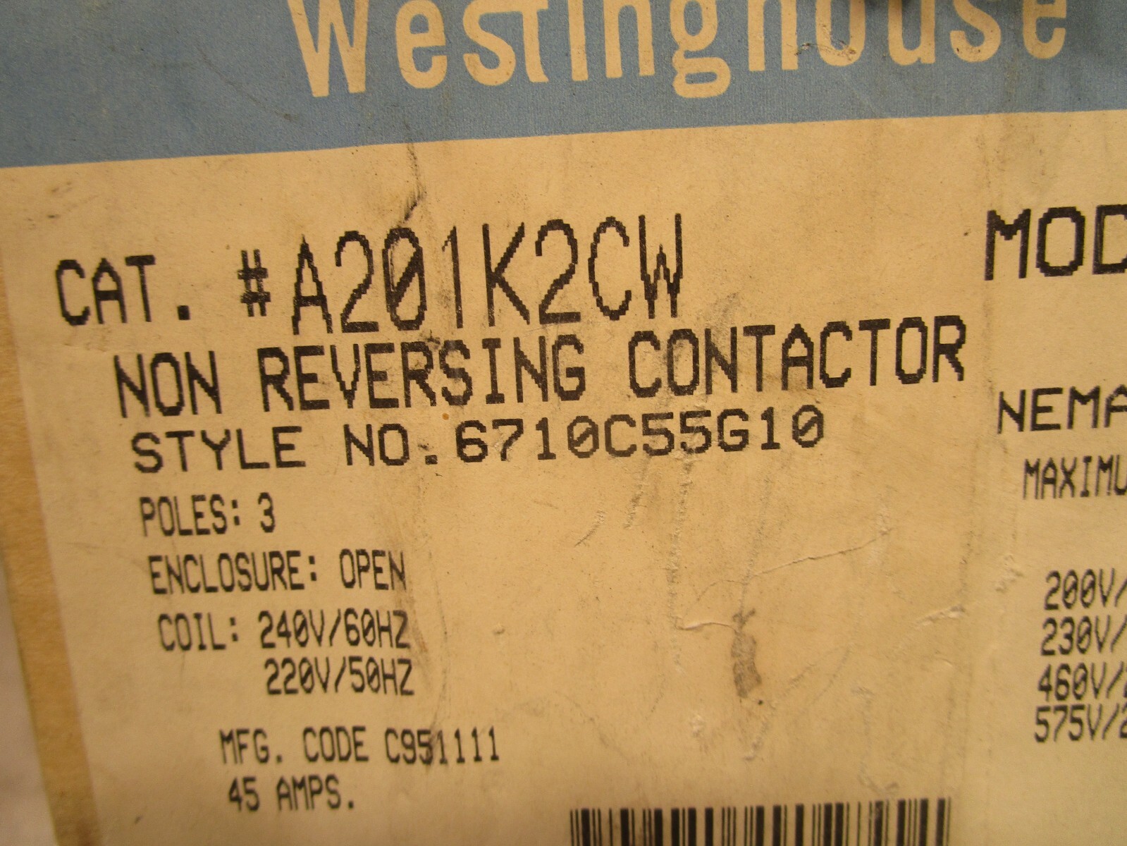 WESTING HOUSE A201K2CW NON-REVERSING CONTACTOR, 3 POLE, 240V COIL, 45A, T0445