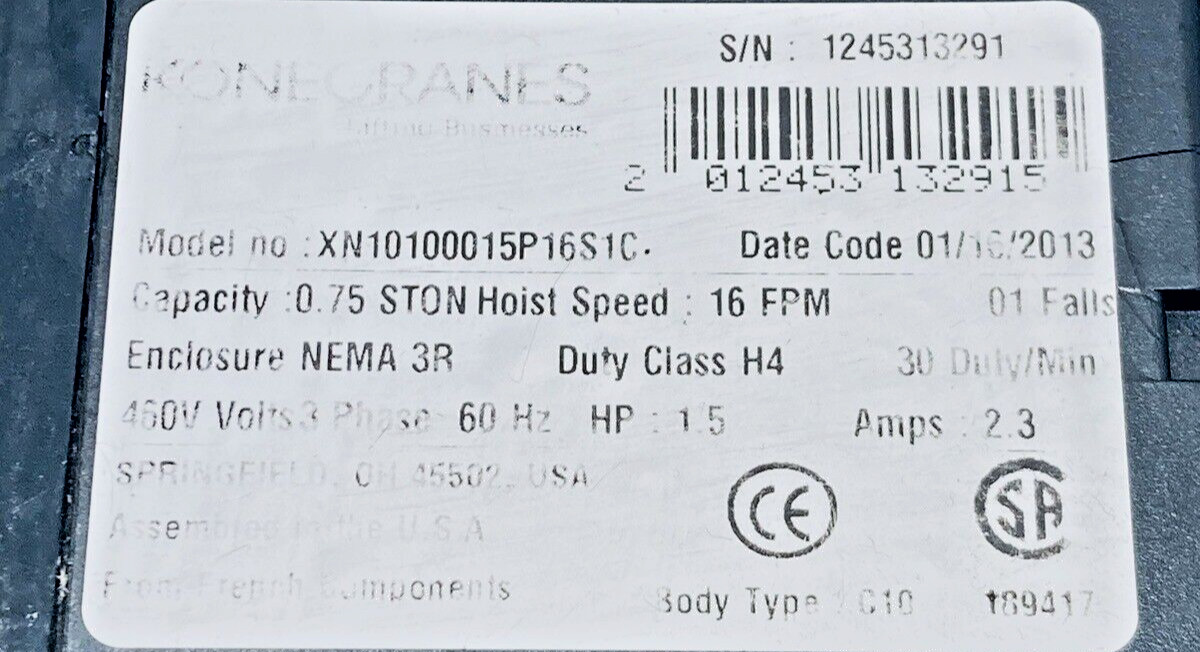 KONECRANES XN10100015P16S1C 3/4-TON ELECTRIC CHAIN HOIST 1.5HP 460V 3PH 16FPM