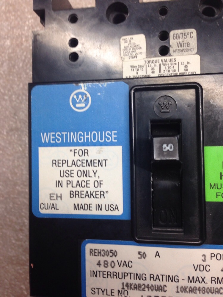Westinghouse Circuit Breaker 50A, 480V, 3pole, REH3050, SHIPSAMEDAY#131D
