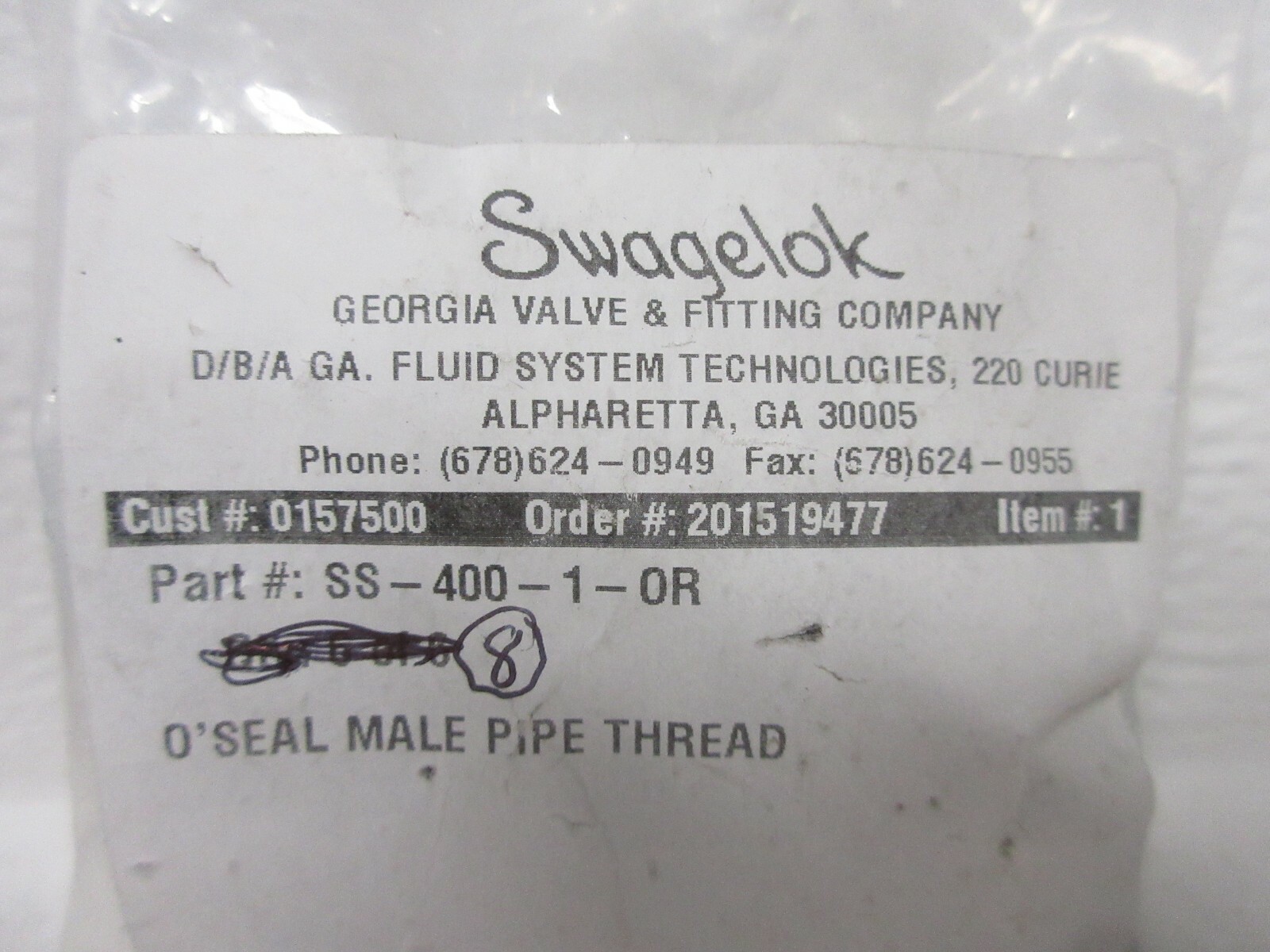 LOT OF 8 SWAGELOK SS-400-1-0R NEW O’SEAL MALE PIPE THREAD FITTINGS SS40010R