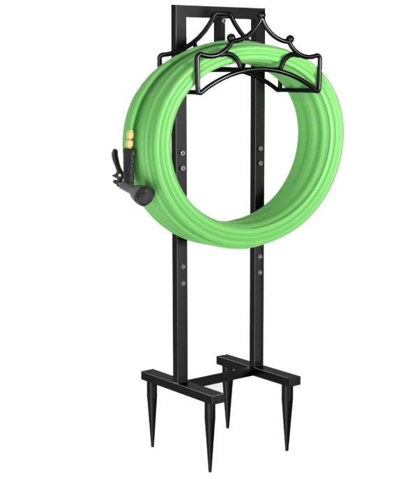 Soporte de manguera de jardín con 4 estacas, metálico y desmontable, color negro
