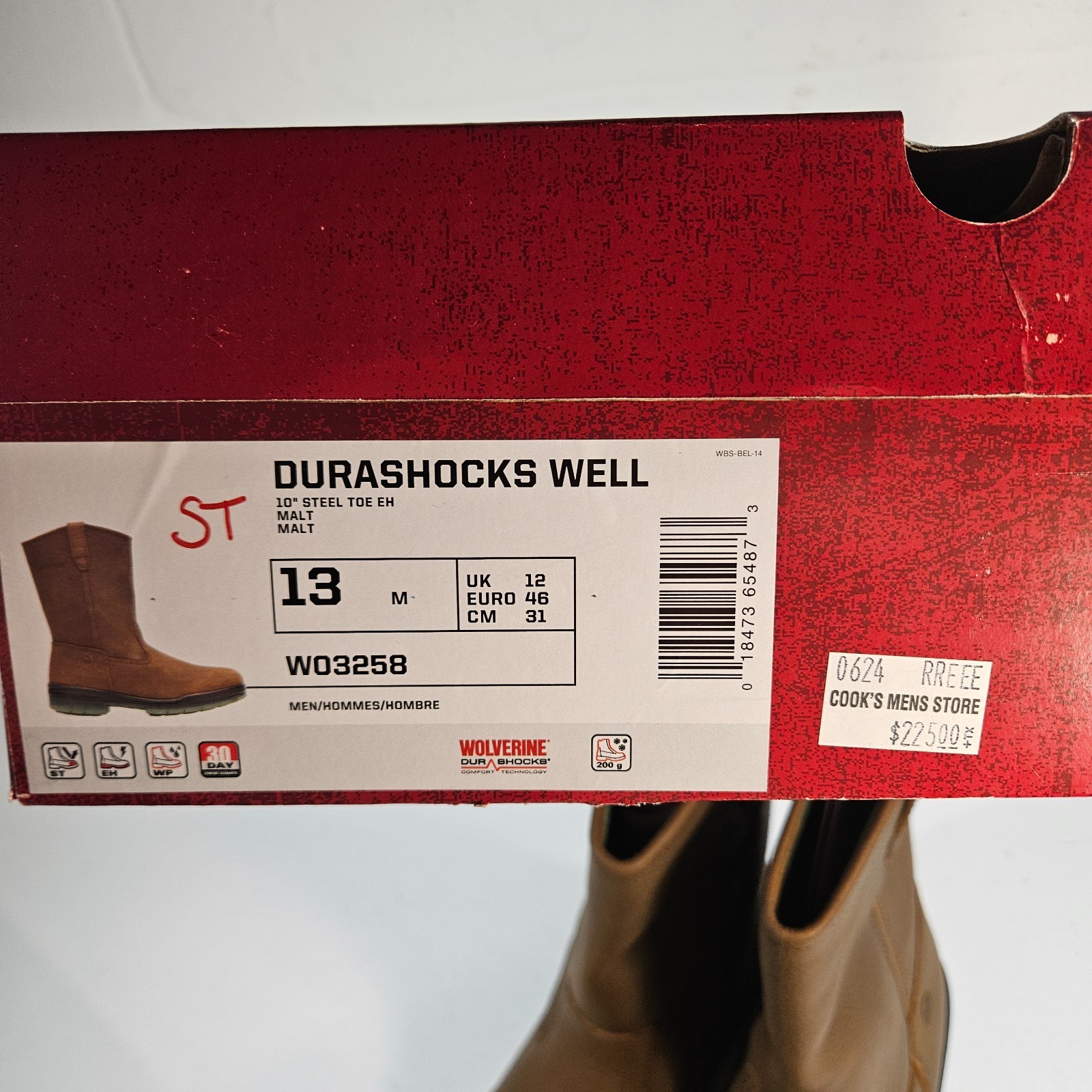 Wolverine Men’s Steel Toe W03258 DuraShocks Wellington Stone 13 M New