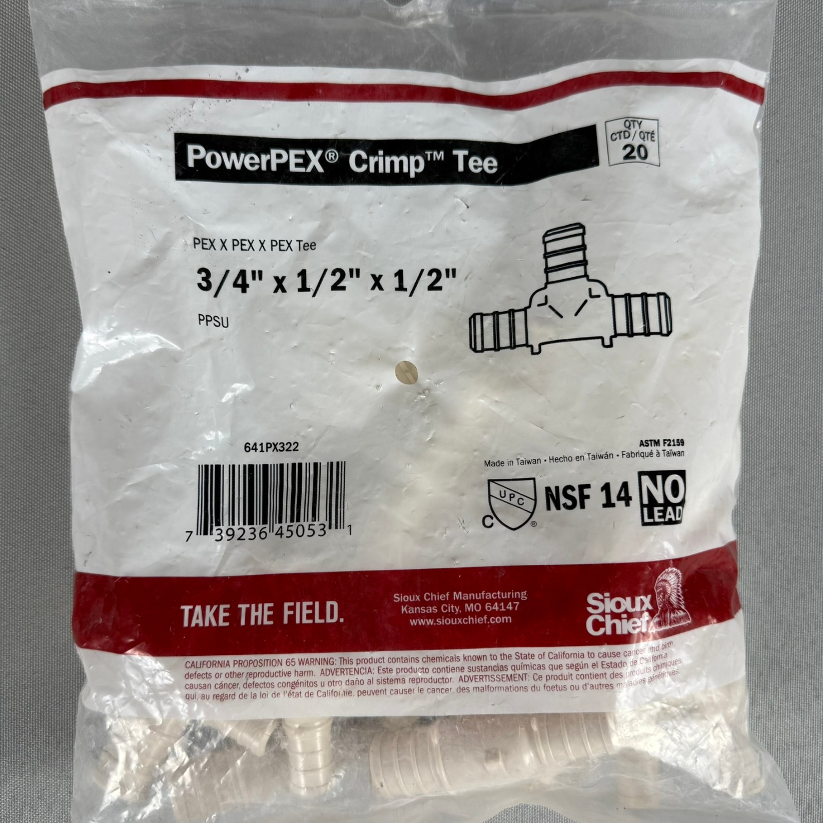 Lot of 2 – Sioux Chief 641PX322 20pcs PowerPEX 3/4 x 1/2 x 1/2 Polymer Crimp Tee