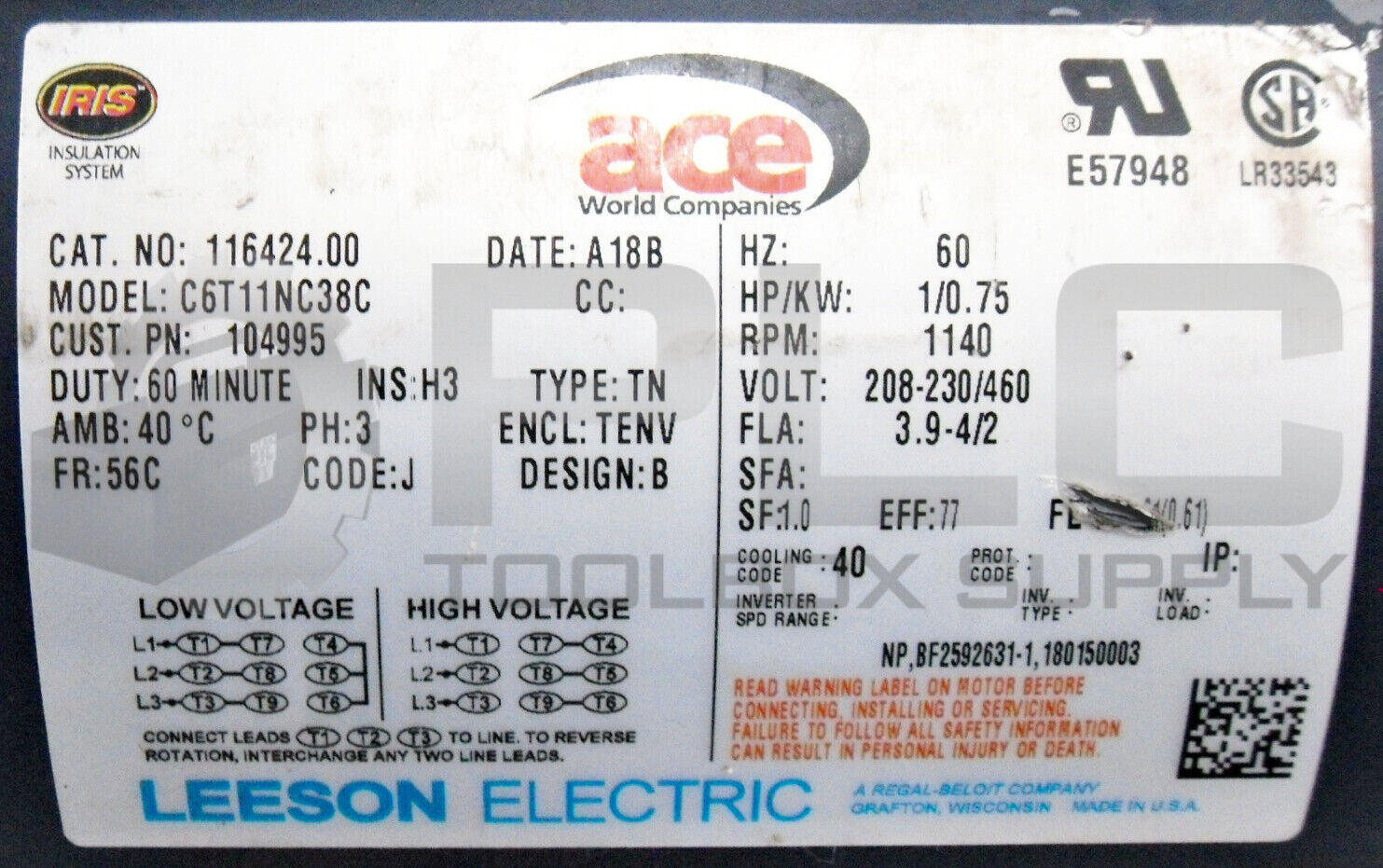 LEESON 116424.00 MOTOR C6T11NC38C 1140RPM 1HP FR:56C w/ DINGS 62006-545-51D