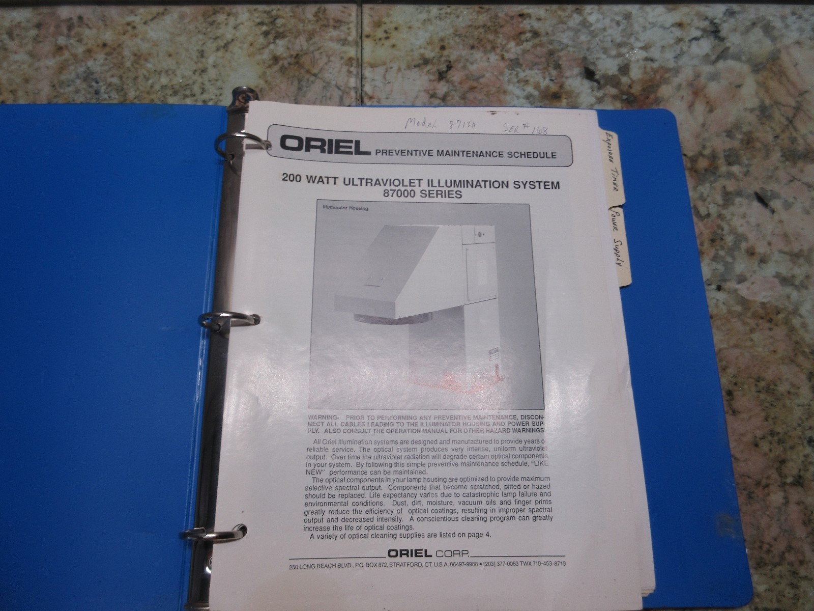 ORIEL PREVENTIVE MAINT SCHEDULE 200W ULTRAVIOLET ILLUMINATION SYSTEM 87000 SERIE