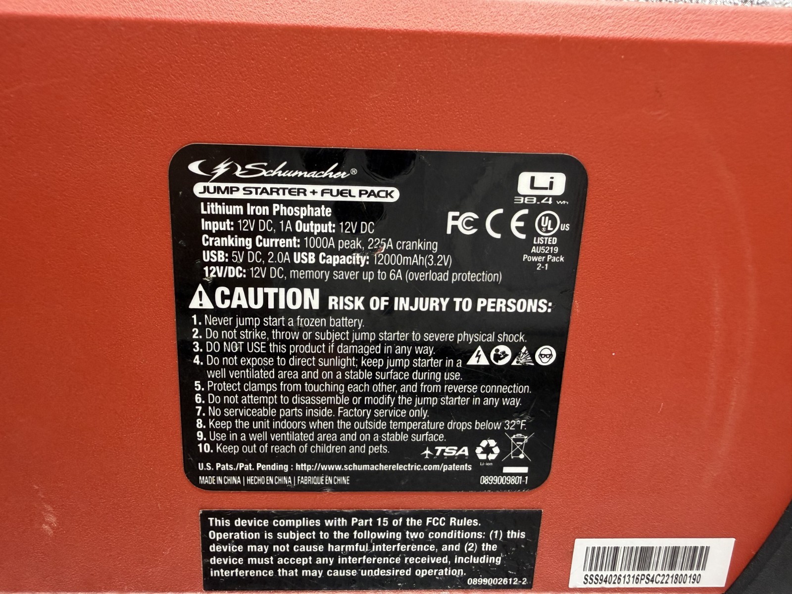 SCHUMACHER 1000 PEAK AMP JUMP START SL1316 ** CORE ONLY **