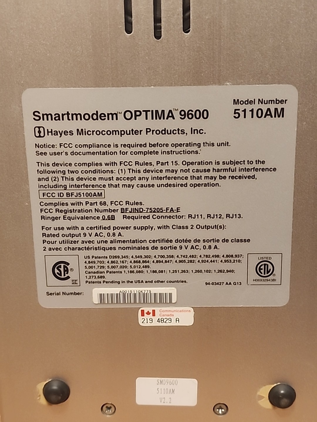 Hayes 5110AM Smartmodem Optima 9600 V.32 OPTIMA 96 Microcomputer Unit Only No AC