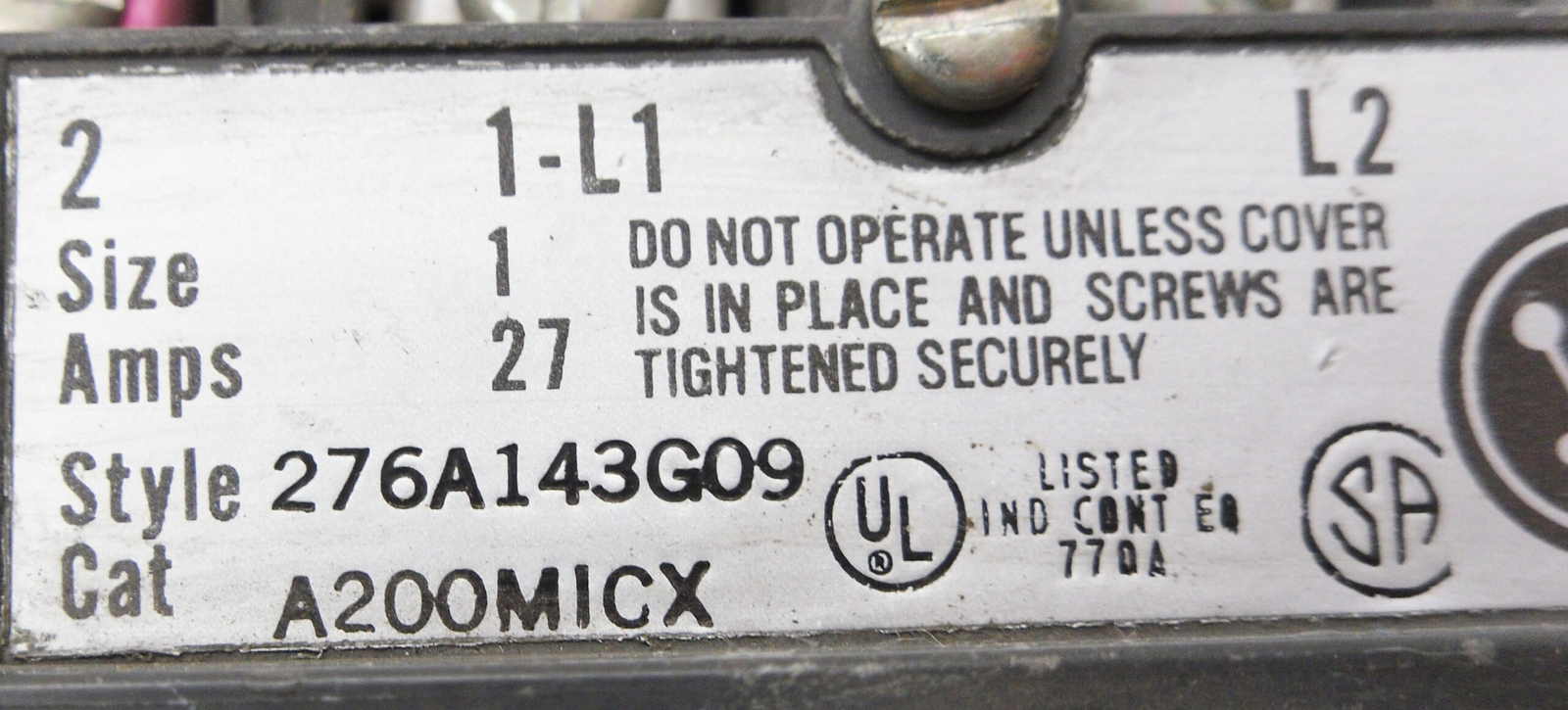 WESTINGHOUSE A200MICX CONTACTOR SIZE 1 27A 575V 276A143G09 W/ 505C806G01 COIL