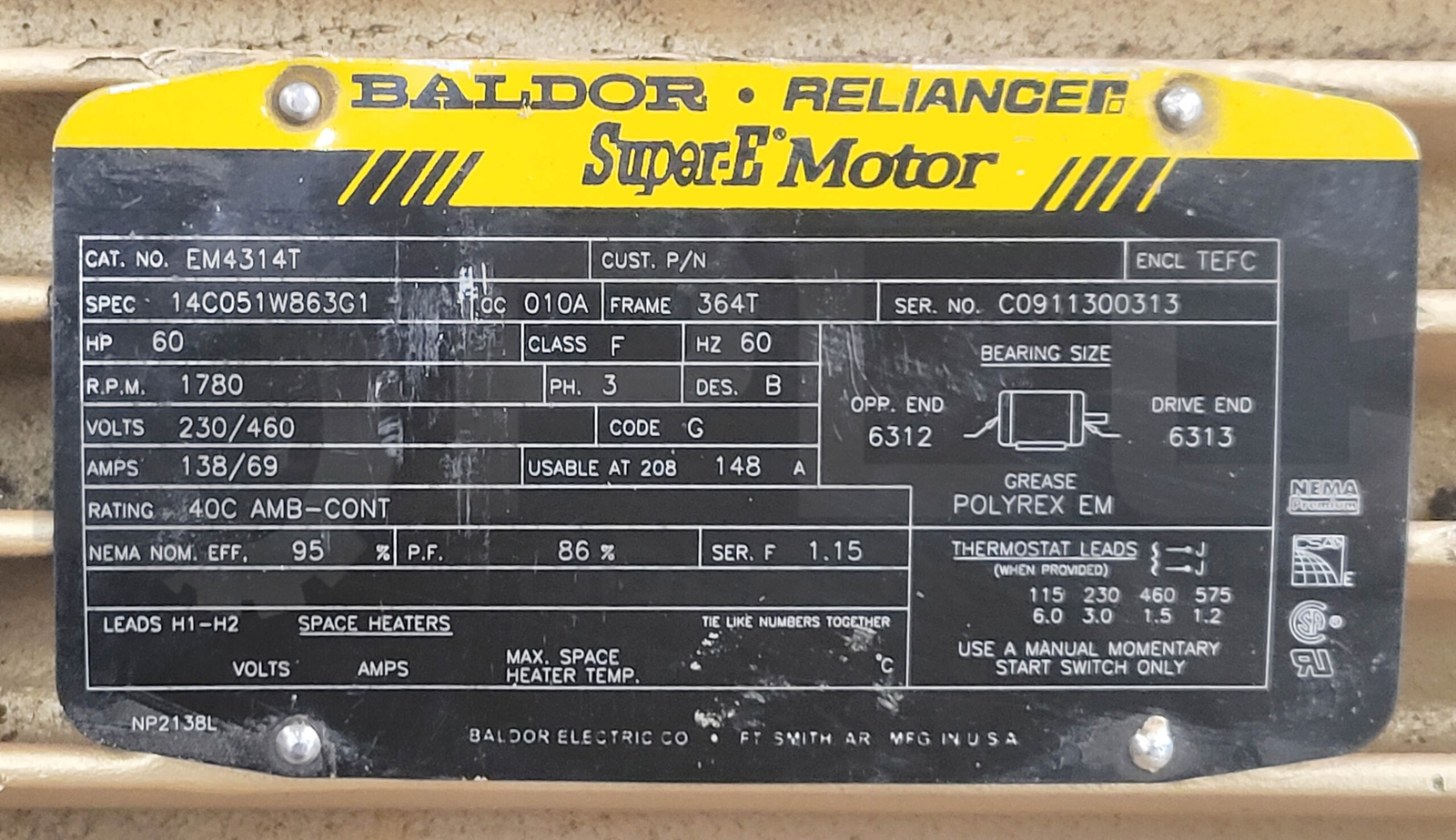 BALDOR EM4314T SUPER-E MOTOR SPEC 14C051W863G1 FRAME 354T 60HP 60HZ 138/69A