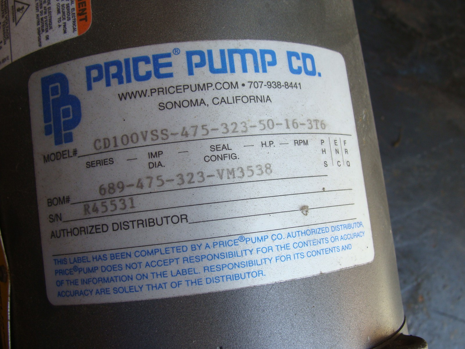 PRICE PUMP PUMP CD100VSS-475-323-50-16-3T6 1/2HP W/BALDOR MOTOR VM3538 1/2HP