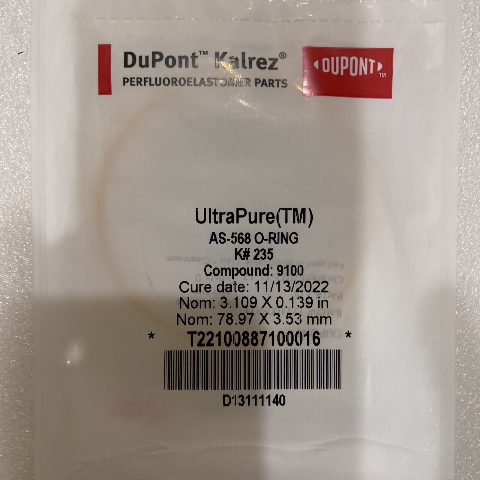 DUPONT AS-568 Oring, K#235, Compound:9001, Nom: 3.109 x .139” (78.97 x 3.35mm)
