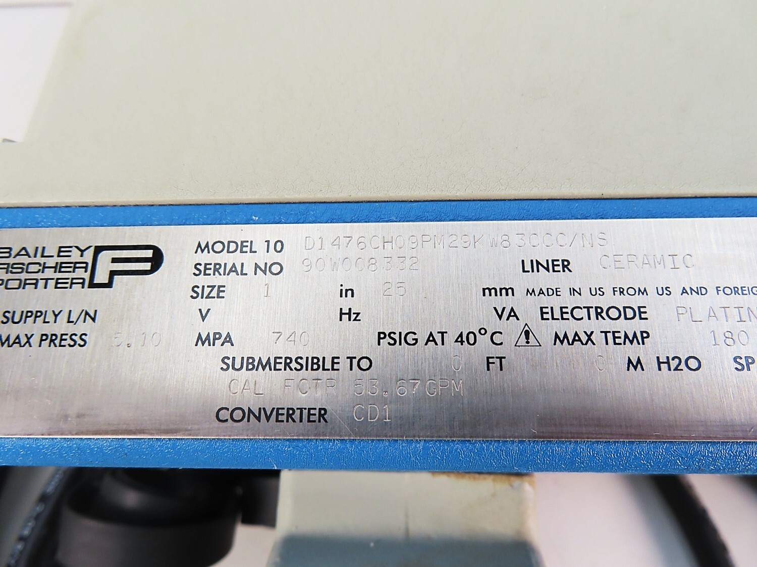 Bailey Fischer Porter D1476CH09PM29KW83CCC/NS Model 10 1″ Ceramic Flowmeter