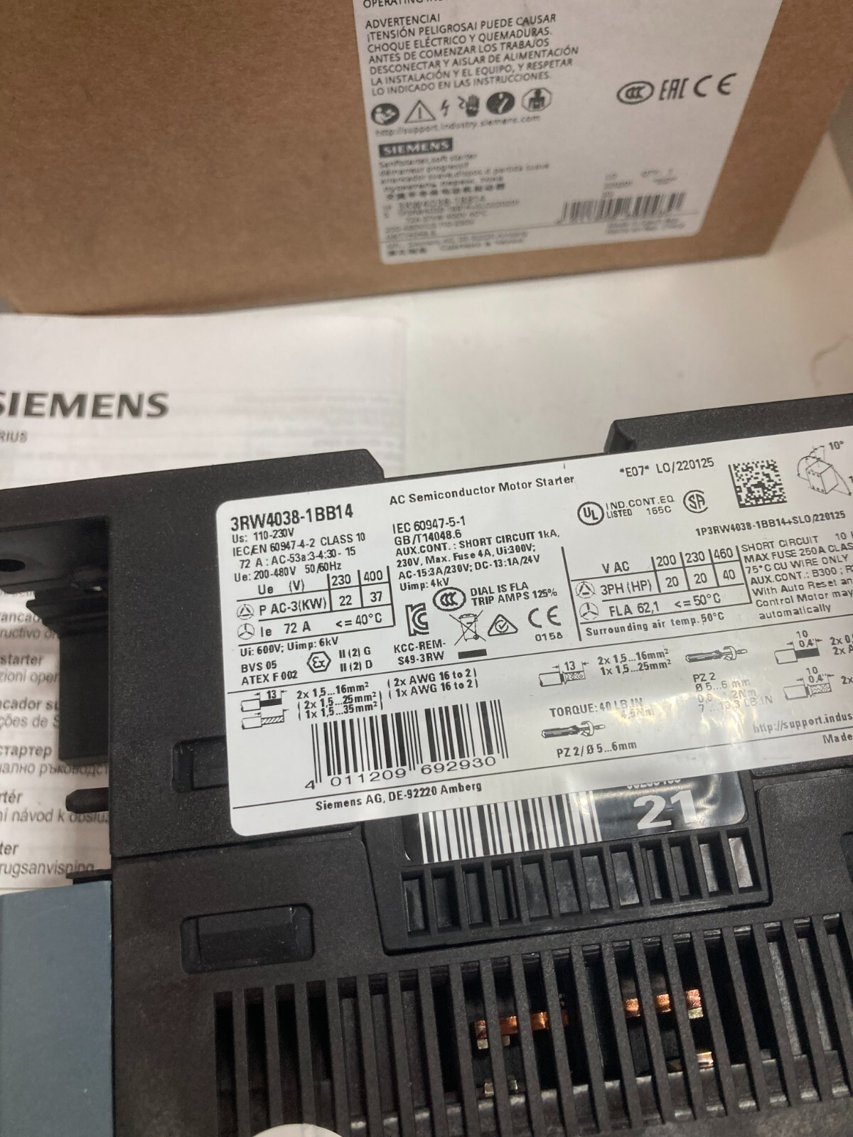 SIEMENS 3RW4038-1BB14 SIRIUS SOFT STARTER 110-230VAC/DC SPRING-TYPE NIB