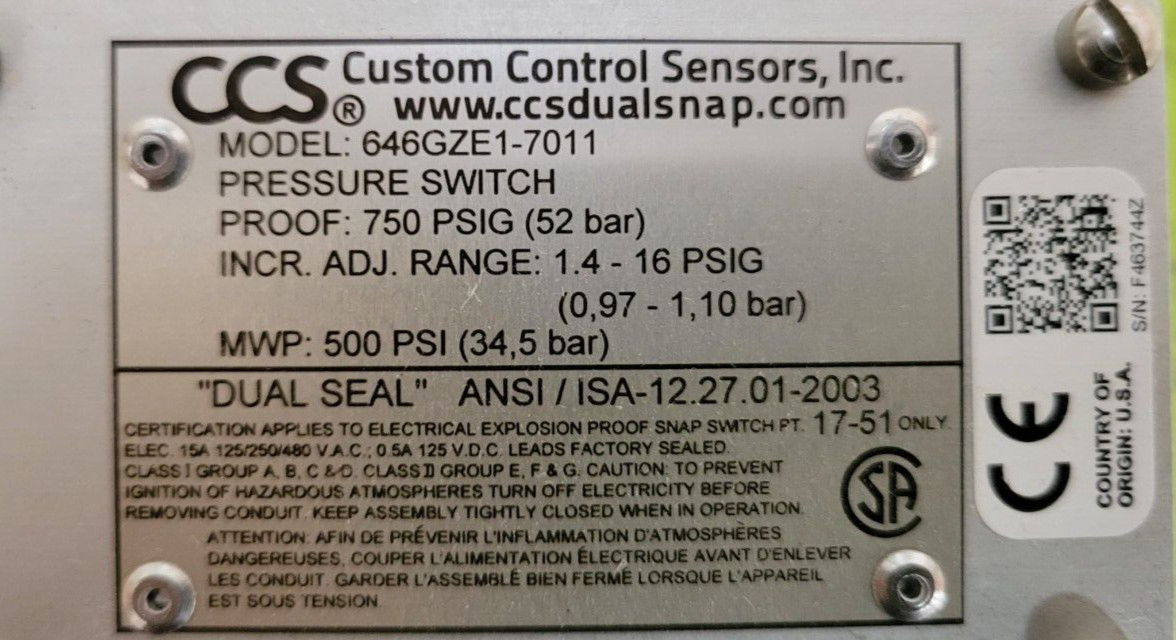 🟠CCS, 646GZE1-7011 DUAL SEAL PRESSURE SWITCH PESSCO IS OFFERING 1 V122123-2 🗽