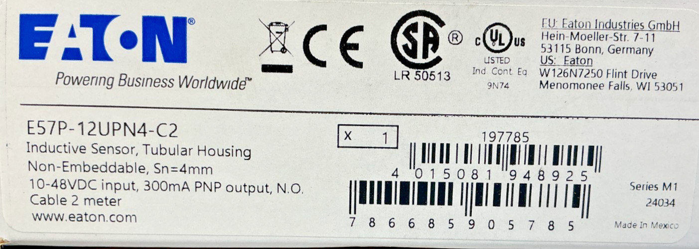 New Eaton E57P-12UPN4-C2 Ser M1 Inductive Sensor 3-Wire 10-48VDC NO Cable 2meter
