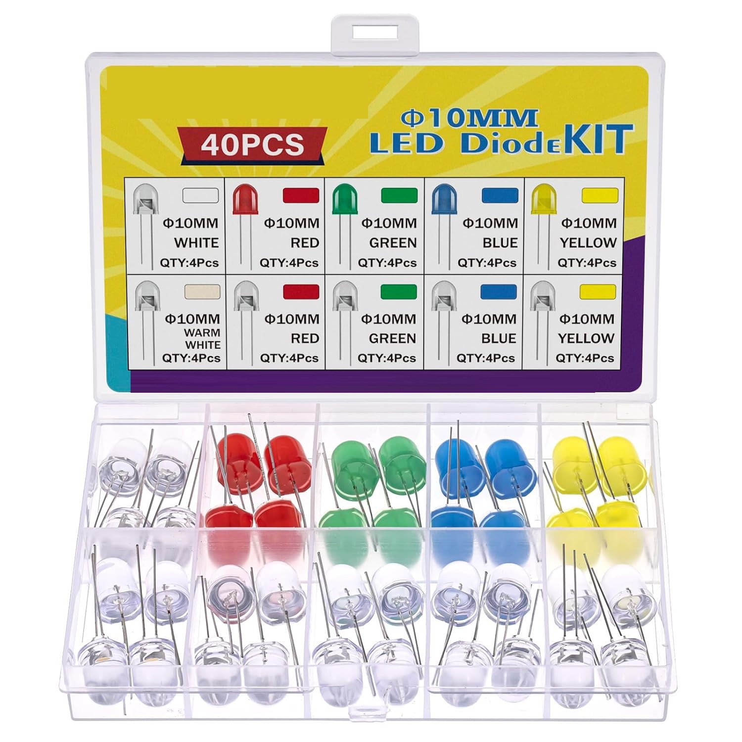 40Pcs 10MM LED Diode Light Assortment Kit Low Voltage Circuit Emitting Bulb Lamp