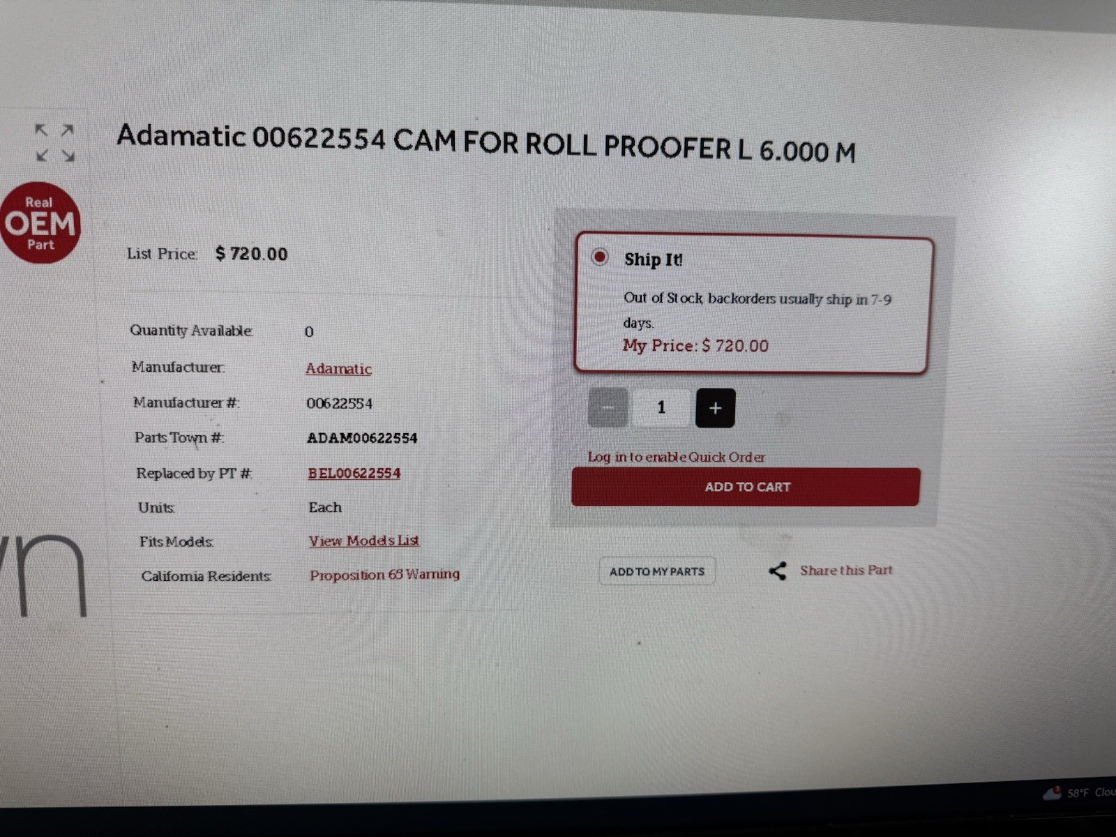 Adamatic / Hobart 00622554 Cam For Roll Proofer