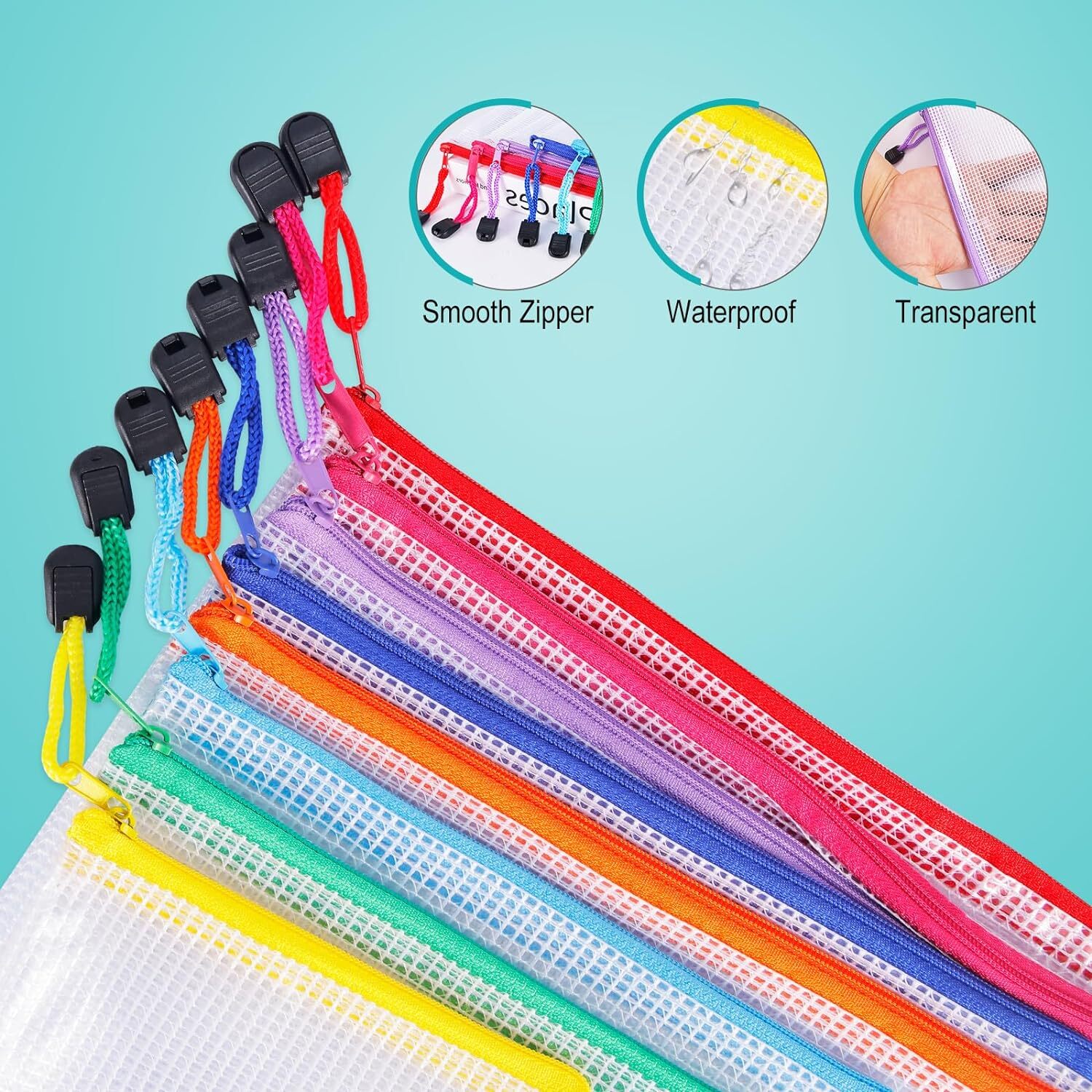 64pcs A4 Mesh Zipper Pouch Bags, Red, Purple, Blue, Green, Orange, Yellow