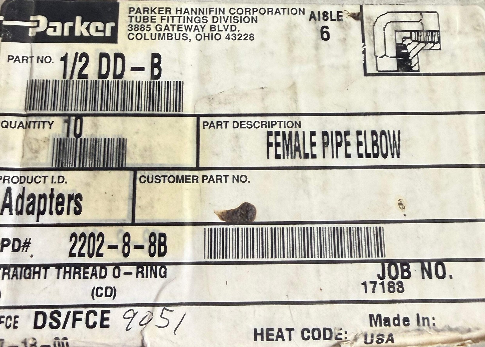 Parker Fittings 1/2 DD-B Fitting, Brass Female Pipe Elbow (Pack of 5)