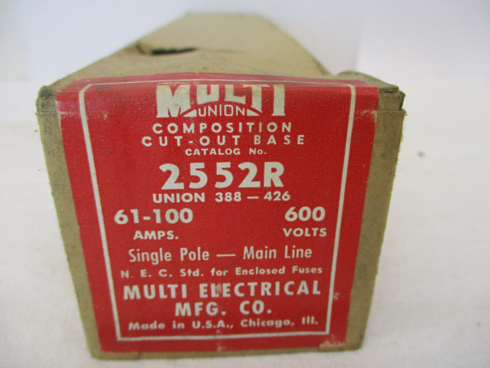 New Open Box Multi Union 2552R 61-100 Amps 600 Volts Comp. Cut-Out Base A3801LR