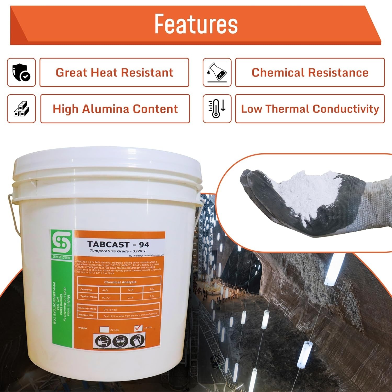 94% Alumina Dense Castable Refractory Cement 44 Lbs.