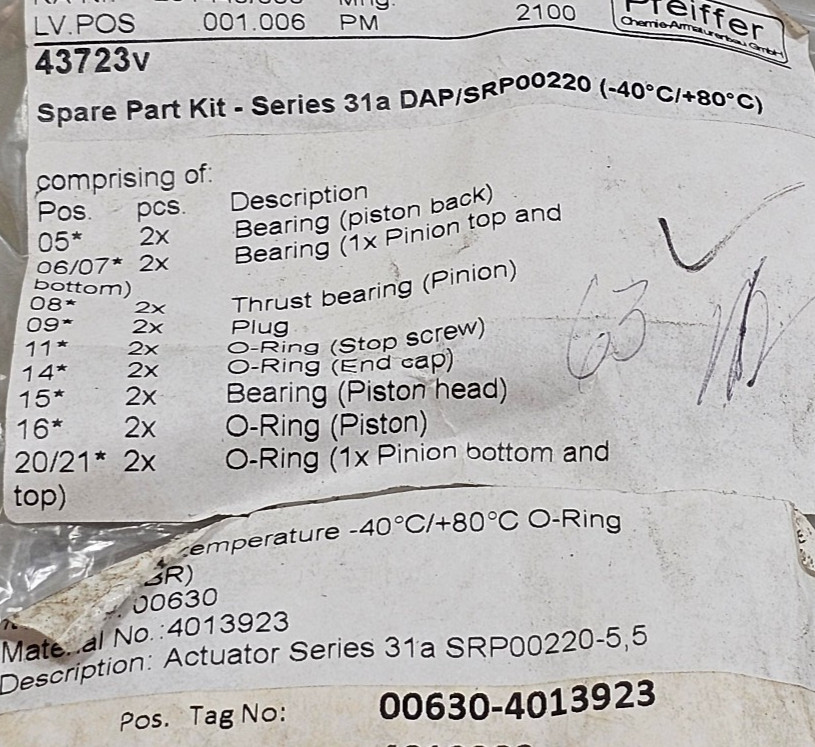 Pfeiffer 251440/000 43723v Spare Part Set Series 31a DAP-SRP00220 Bearings/Oring