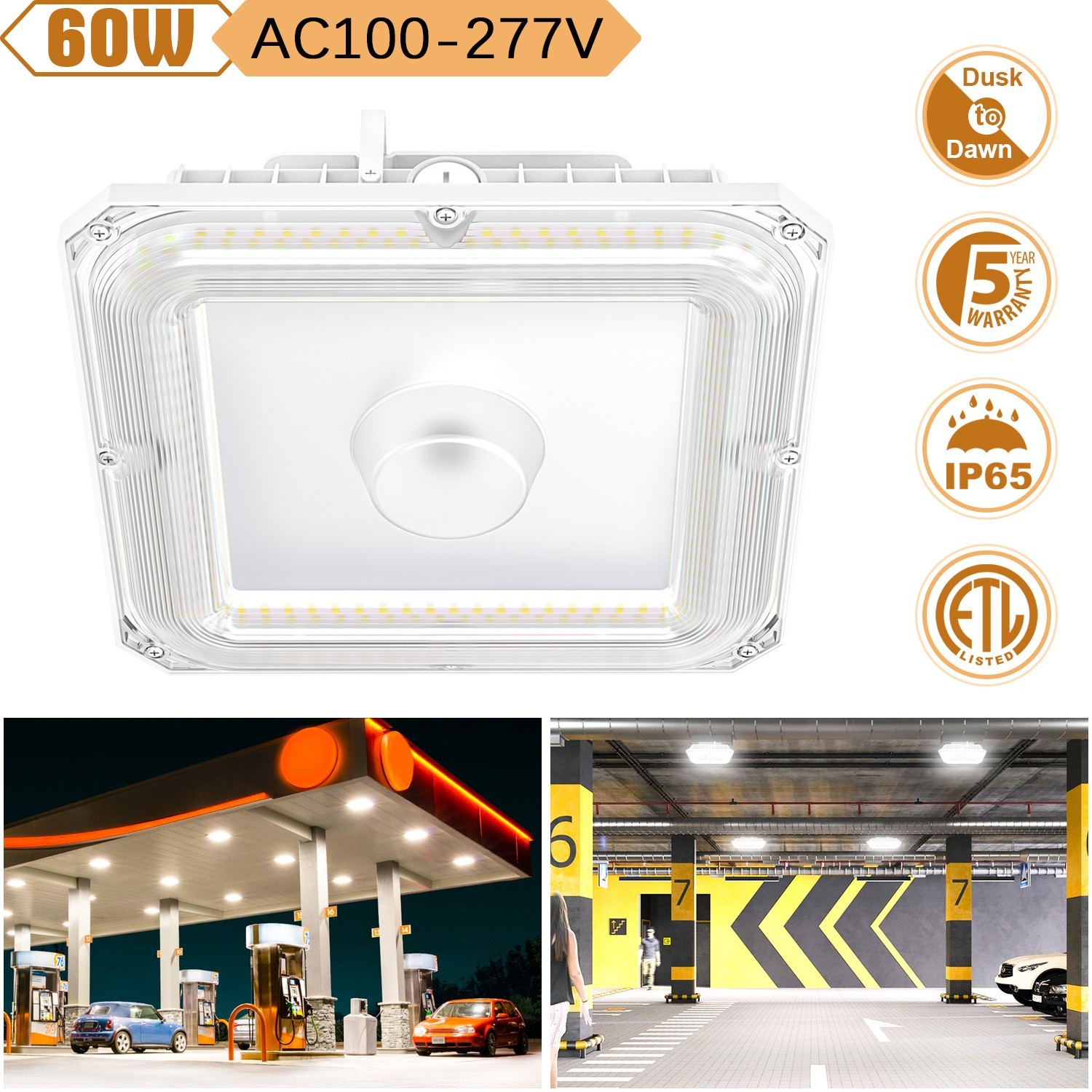 ETL 60W LED Canopy Light Outdoor Parking Lot Gas Station Lighting 4.5K/5K/5700K