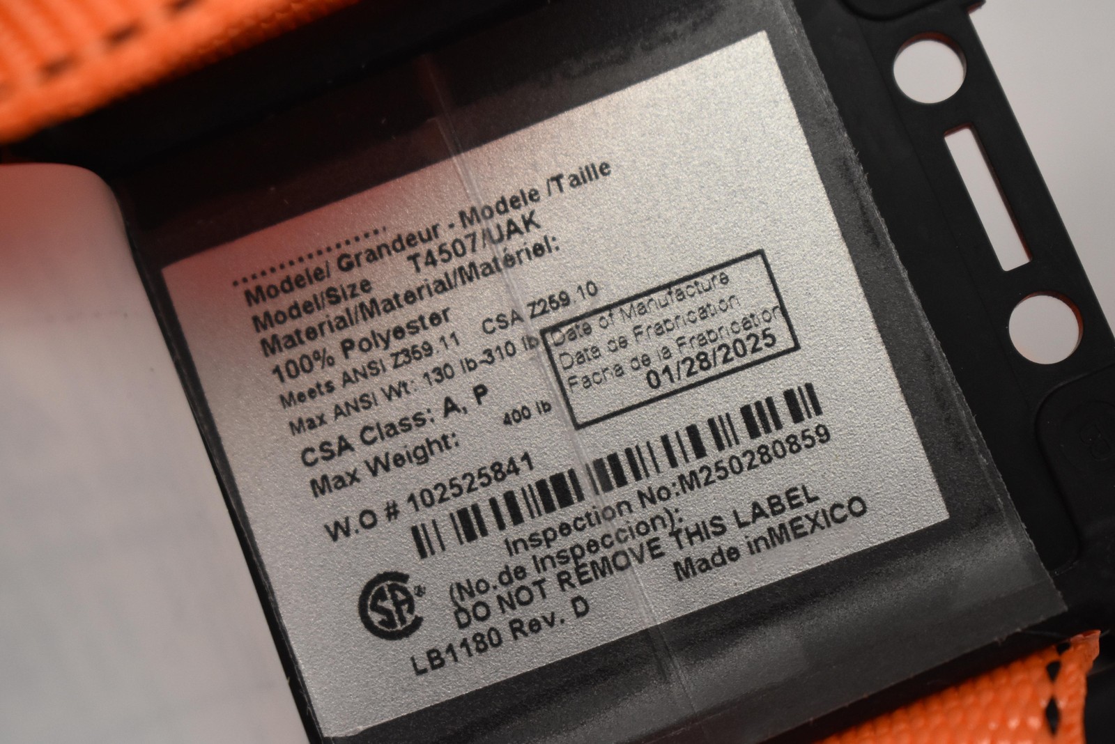 Honeywell Miller Titan II T4507/UAK Full Body Harness Fall Protection Orange