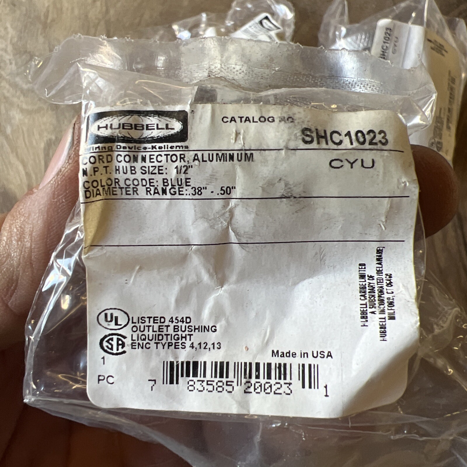 (3) Hubbell SHC1023 Cord Connector Aluminum Hub Size 1/2” Wiring Butt Splice