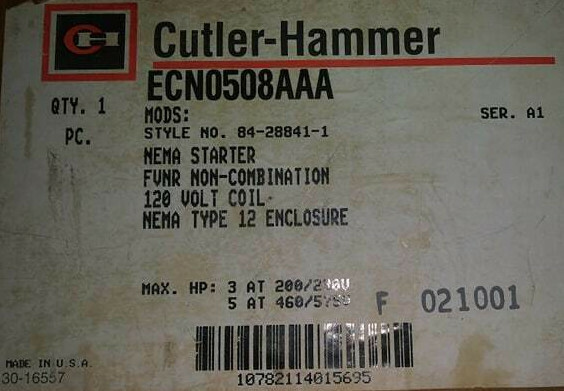 1 NEW CUTLER-HAMMER ECN0508AAA ENCLOSED MOTOR STARTER SER. A1 NIB **MAKE OFFER**