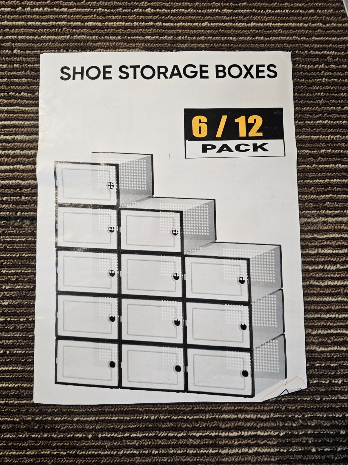 (QTY 12) Clear Stackable Shoe Boxes Plastic Foldable Storage Organizer 201-02-24