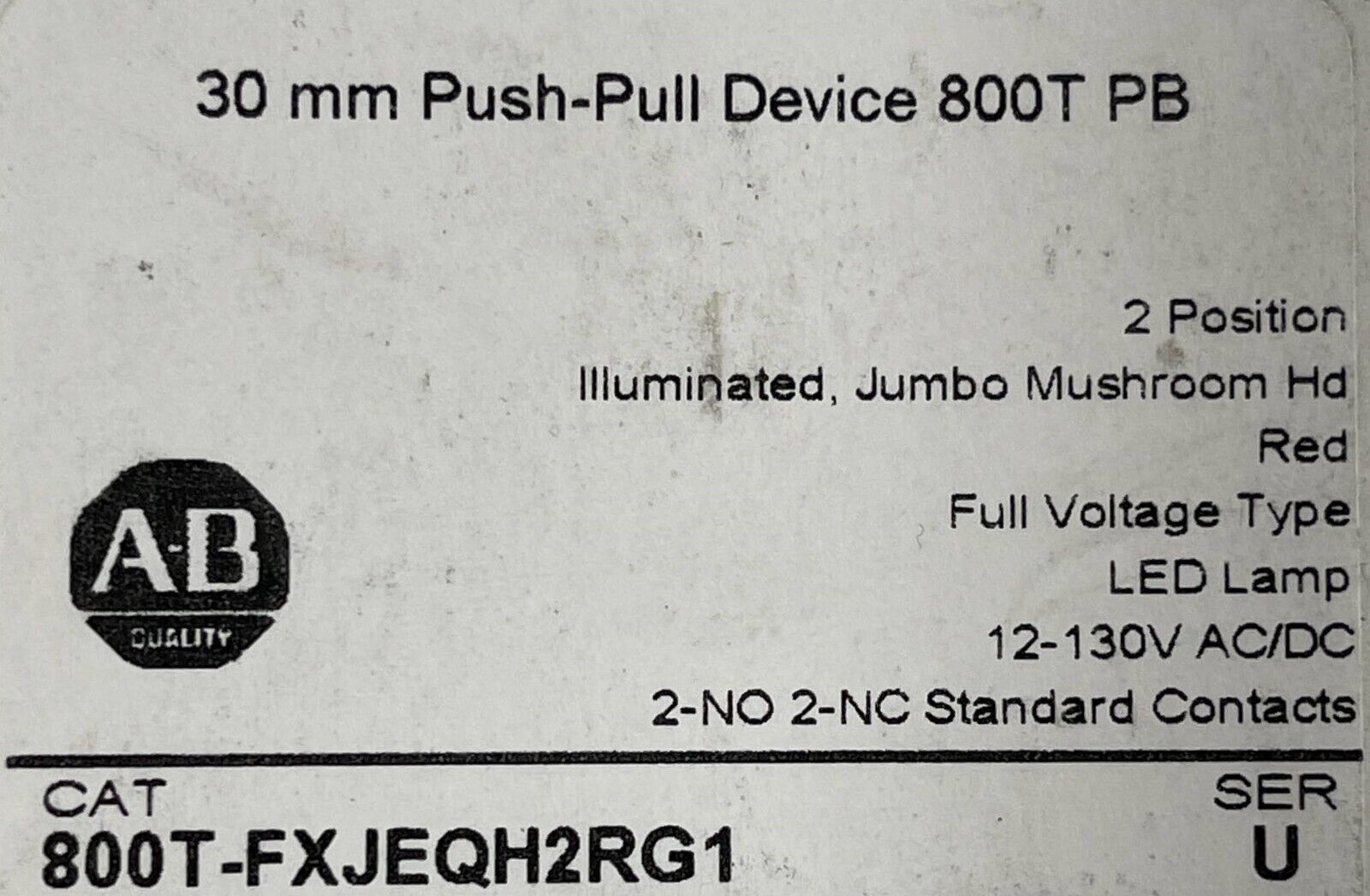 Allen Bradley 800T-FXJEQH2RG1 Push pull 2 Position Red LED Jumbo Mushroom Head