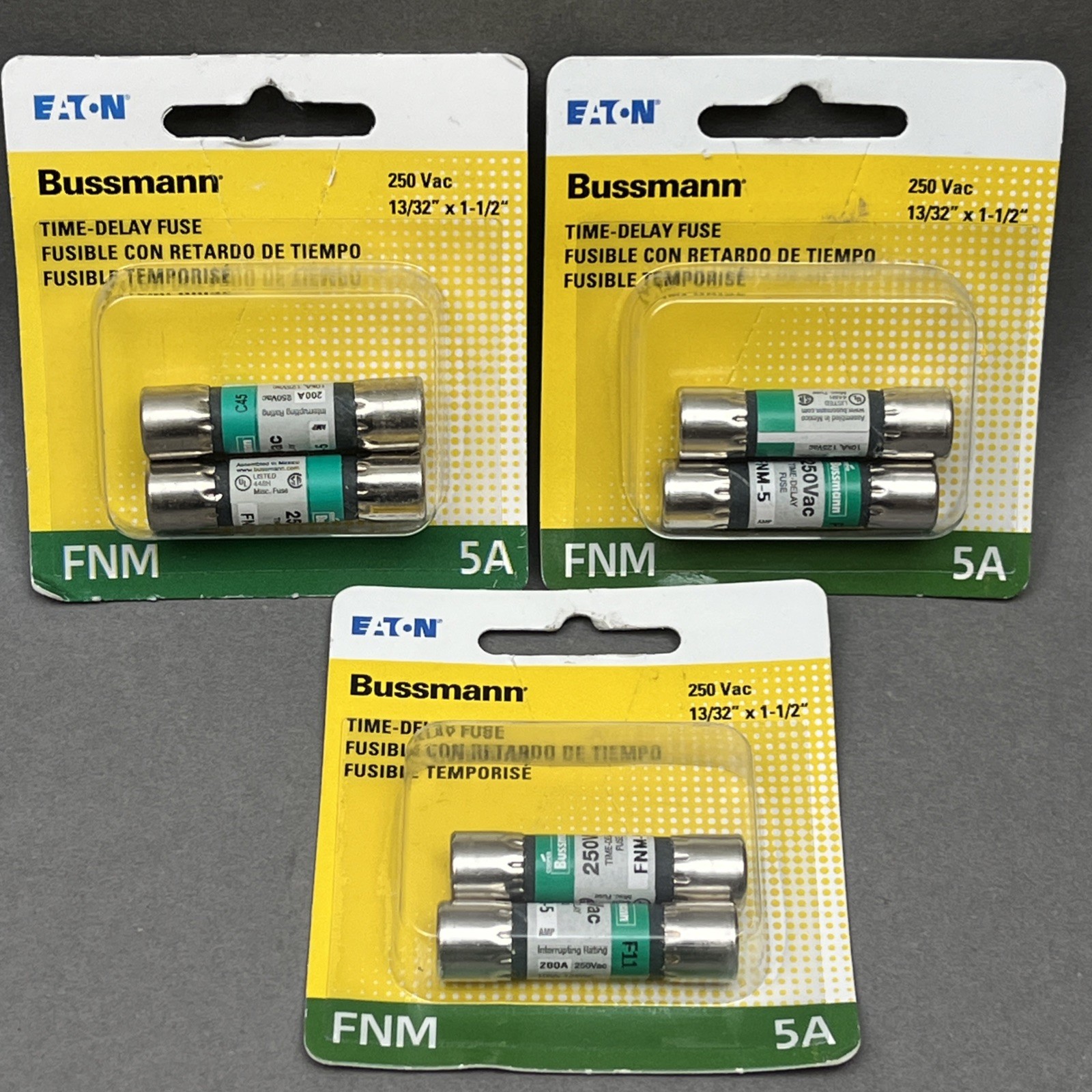 3x(2 Pack) 5A 250VAC Time Delay Fuse BP/FNM-5 NoS – 6 Fuses – 13”32 x 1-1/2”
