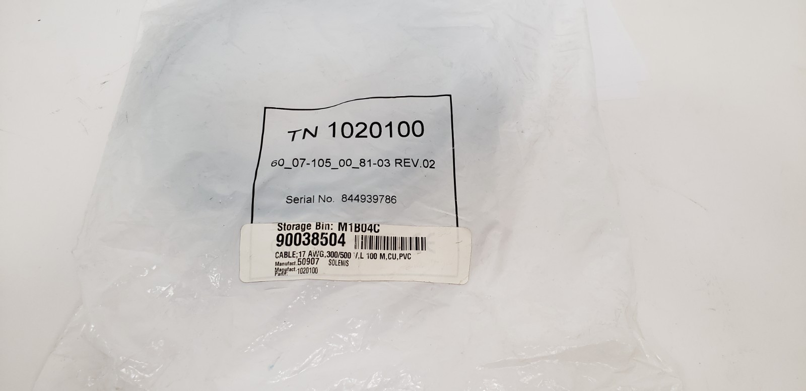 TN 1020100 CABLE, 17 AWG, 300/500 V.L. 100 M,CU,PVC, 60_07-105_00_81-03, NIB