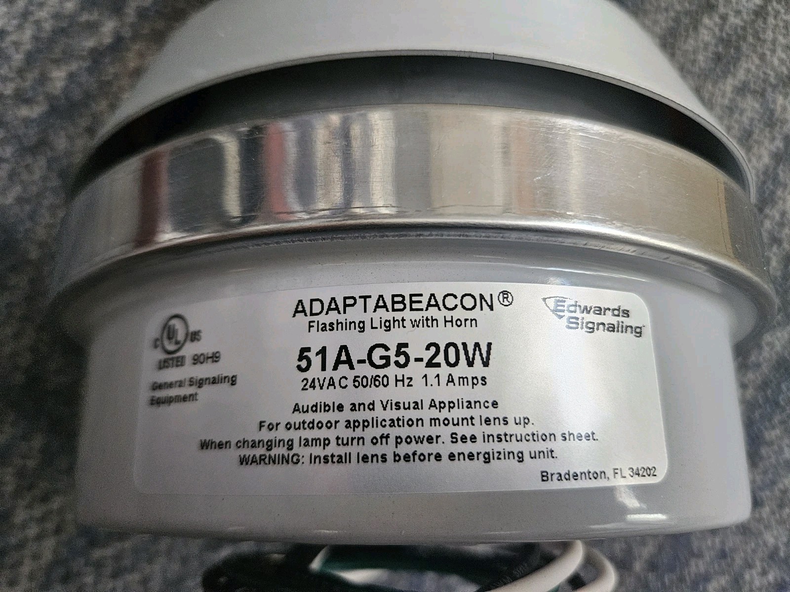 EDWARDS ADAPTABEACON 51A-G5-20W AMBER 24V AC FLASHING BEACON W/BASE MOUNTED HORN