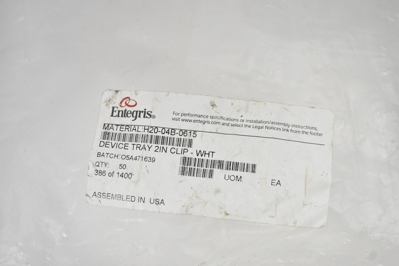 Entegris Device Tray 2″ Clip H20-04B-0615 White Made In United States 50 Piece