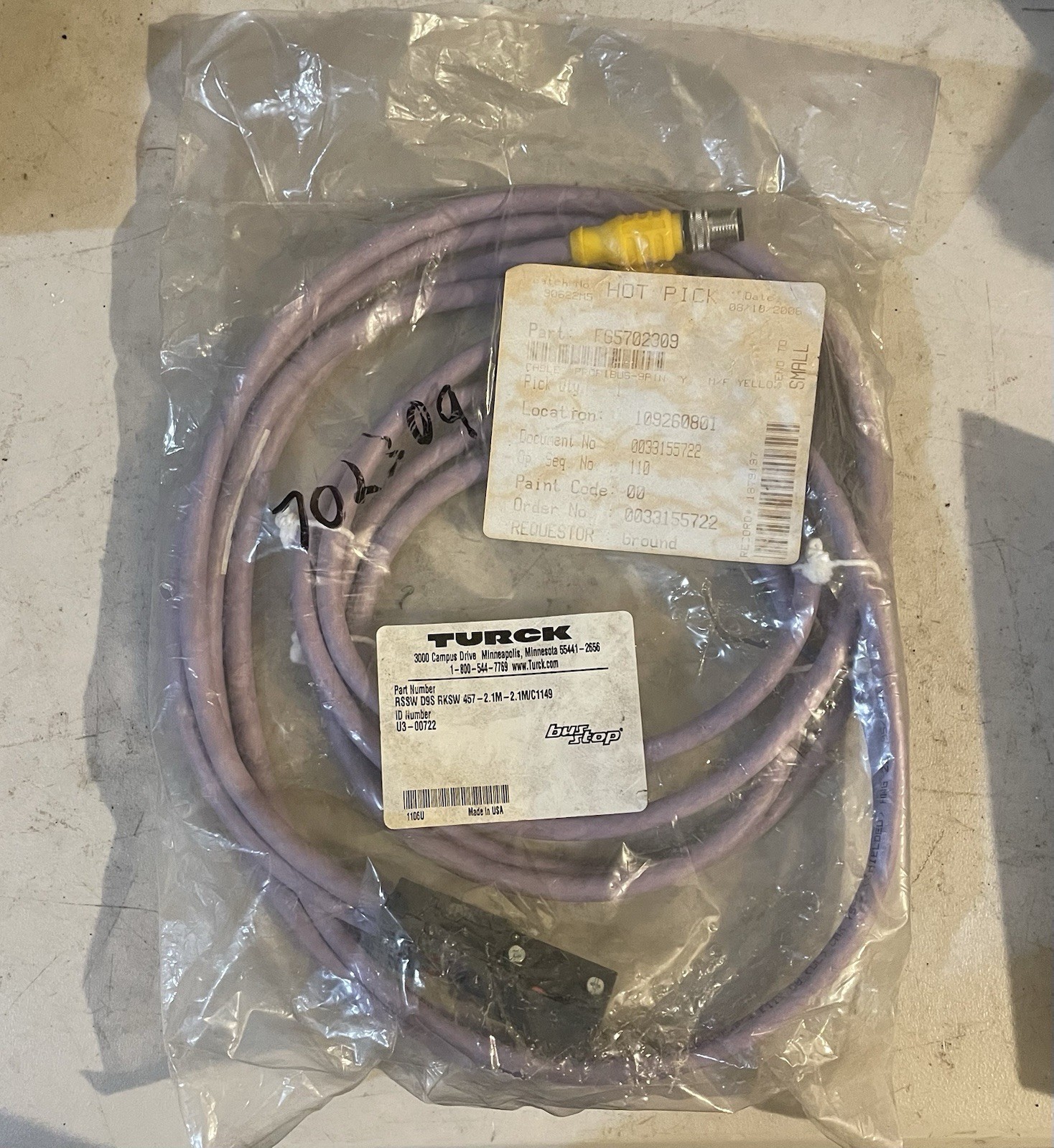 Turck RSSW D9S RKSW 457-2.1M-2.1M/C1149 ID Number: U3-00722 Cord