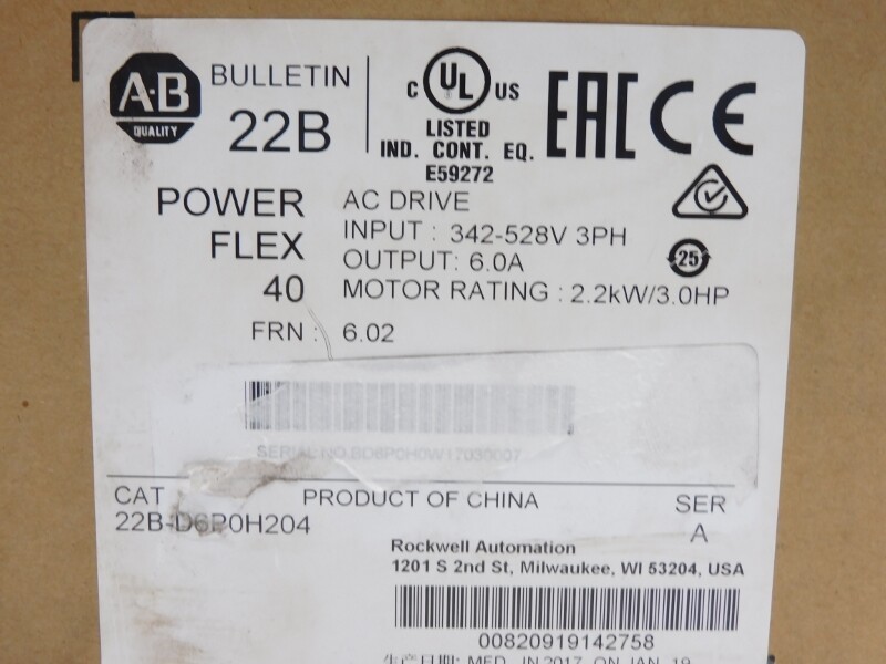 AB 22B-D6P0H204 SER. A 342-528VAC 7.5A F/W 6.02 (AS PICTURED) NUPI US Free Tax