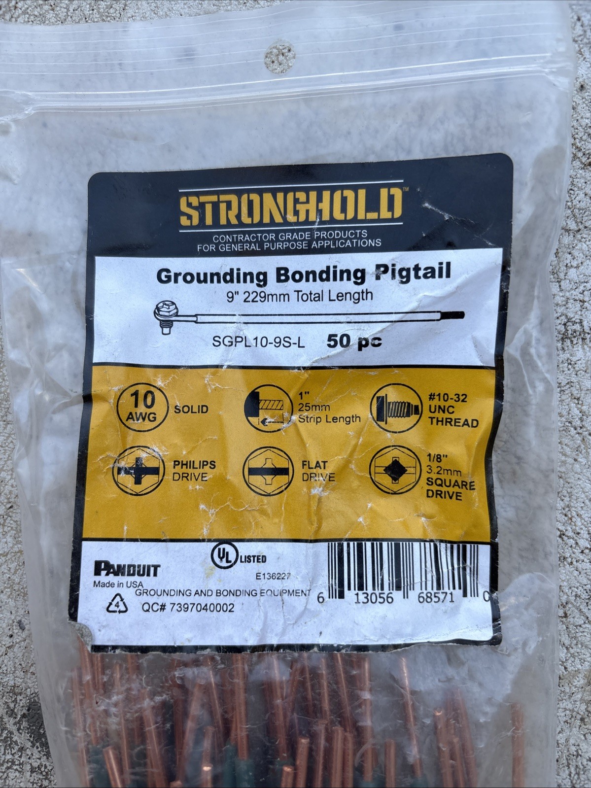PANDUIT 10 AWG GROUND & BONDING PIGTAIL STRONGHOLD 50PCS SGPL10-9S-L