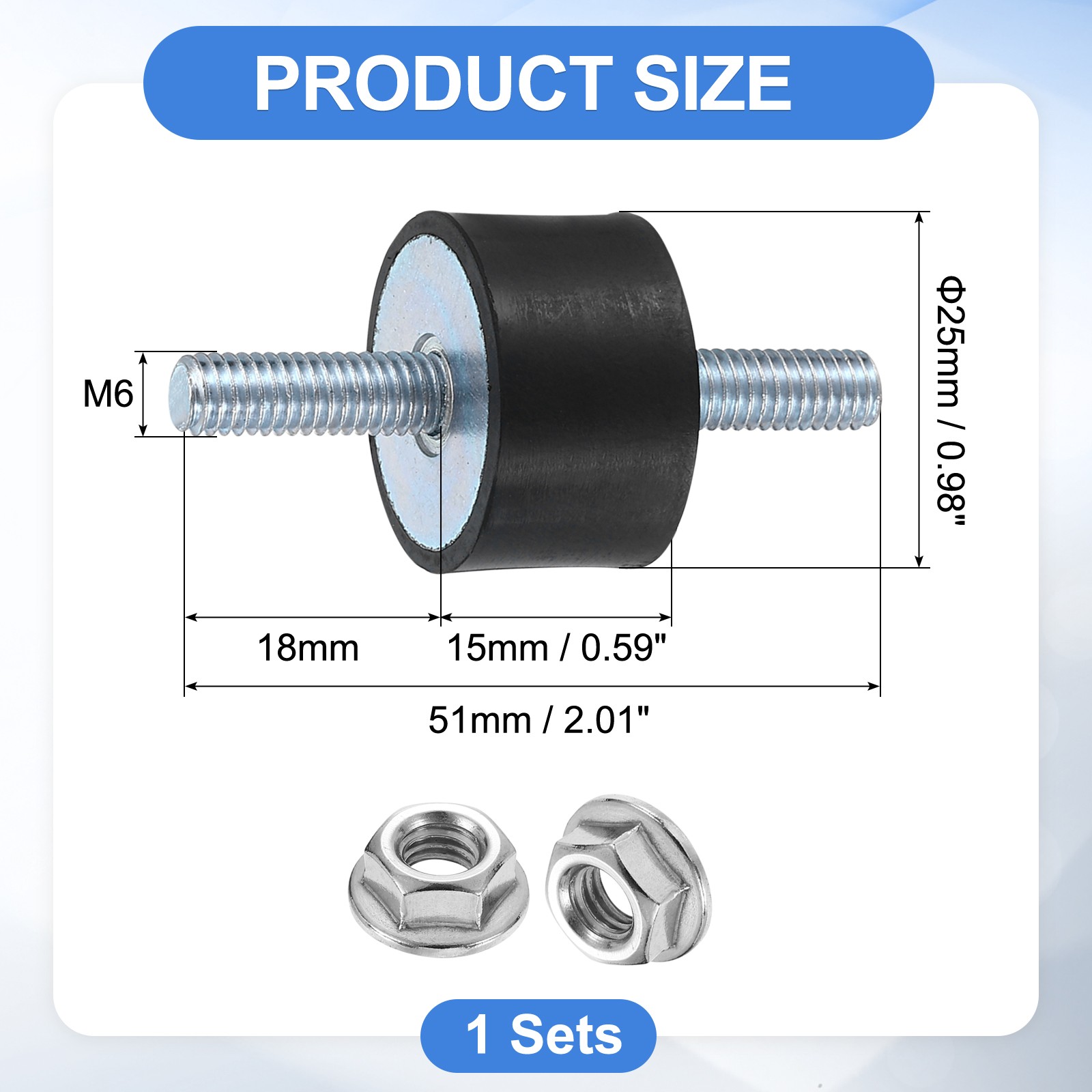 M6 x 18mm Rubber Mounts, 15 x 25mm Rubber Vibration Isolator with Nuts