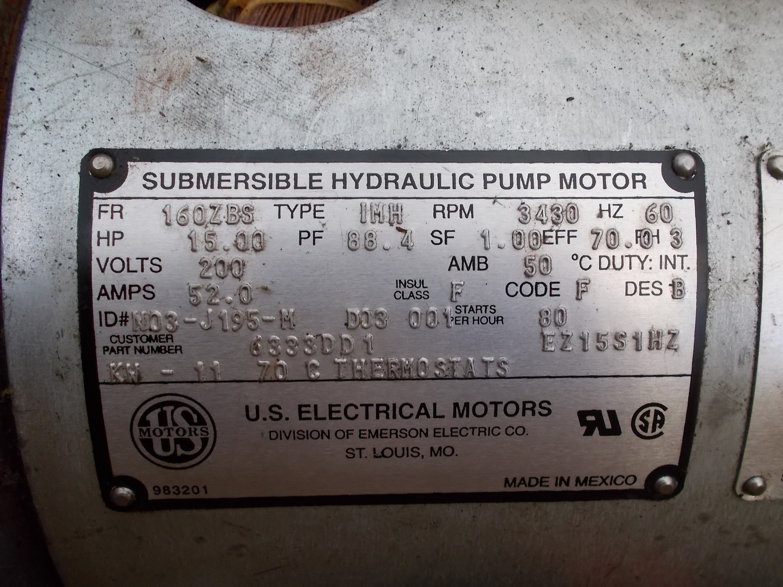 NEW US Electrical Motors Submersible Hydraulic Pump N03-J195-M 6333DD1 EZ15S1HZ