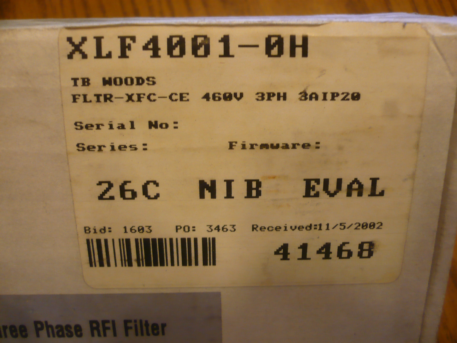 New TB Woods XLF-4001-0H DRIVE FLTR-XFC-CE 460V 3PH 3AIP20
