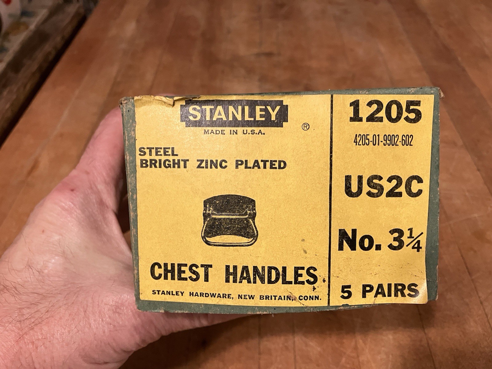 NOS Vtg. 3 Pairs Stanley 1205 US2C Steel Zinc Plated Chest Handles No. 3 1/4 USA